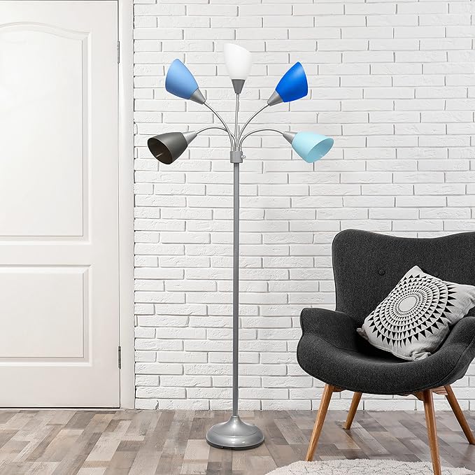 Simple Designs LF2006-SBG 67" Contemporary Multi Head Medusa 5 Light Adjustable Gooseneck Silver Floor Lamp with Blue, White, Gray Shades for Kids Bedroom Playroom Living Room Office - LeafyLoom