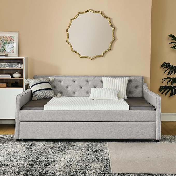 Full Size Upholstered Tufted Daybed with Twin Size Trundle, Pull Out Button on Back Bed, Waved Shape Arms for Bedroom, Living Room,No Need Boxing Spring - LeafyLoom