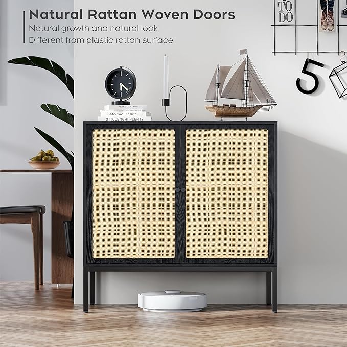 Brafab Rattan Cabinet Buffet Cabinet, Sideboard Cabinet with Natural Rattan Decorated Doors, Accent Cabinet, for Living Room, Entryway, Bedroom, Dining Room/Square Doors, Black - LeafyLoom