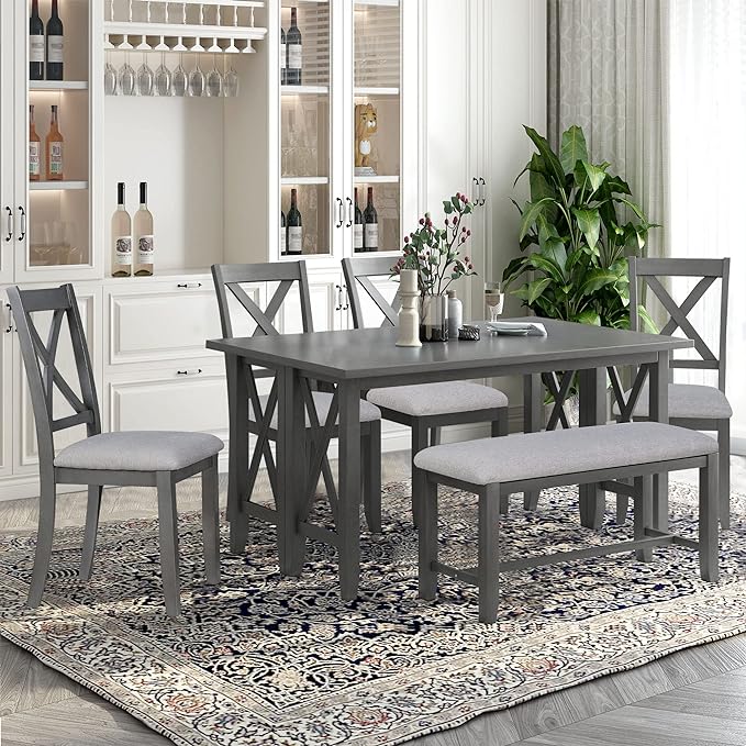 6-Piece Family Dining Set Solid Wood Space Saving Foldable Table and 4 Chairs with Bench, Easy to Assemble, for Living, Guest Room, Home Bar and Kitchen, White+Gray - LeafyLoom