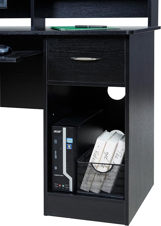 OneSpace Essential Computer Desk, Hutch with Pull-Out Keyboard, Black - LeafyLoom