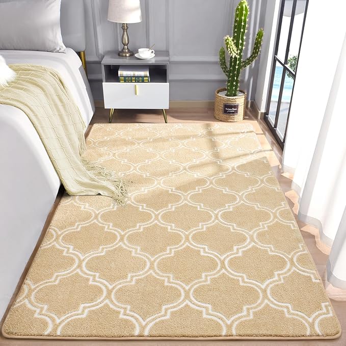 Chicrug Shag Geometric Modern Area Rug for Living Room, 4x6 Feet Large Memory Foam Indoor Carpet, Fluffy Rug for Bedroom Bedside Room Decor for Family Girls Kids Nursery, Beige/White - LeafyLoom