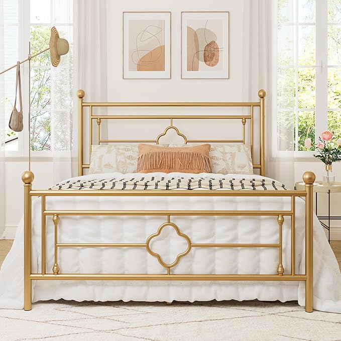 Allewie Full Size Metal Platform Bed Frame with Victorian Vintage Headboard and Footboard/Mattress Foundation/Under Bed Storage/No Box Spring Needed/Noise-Free/Easy Assembly, Gold - LeafyLoom