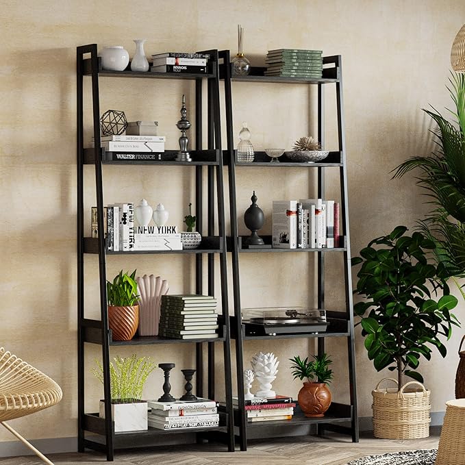 IRONCK Industrial Bookshelf 5-Tier, Bookcase Ladder Shelf, Storage Shelves Rack Shelf Unit, Accent Furniture Metal Frame, Home Office Furniture for Bathroom, Living Room - LeafyLoom