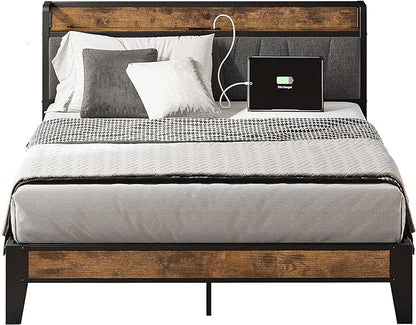 LIKIMIO Full Bed Frame, Storage Headboard with Charging Station, Solid and Stable, Noise Free, No Box Spring Needed, Easy Assembly - LeafyLoom