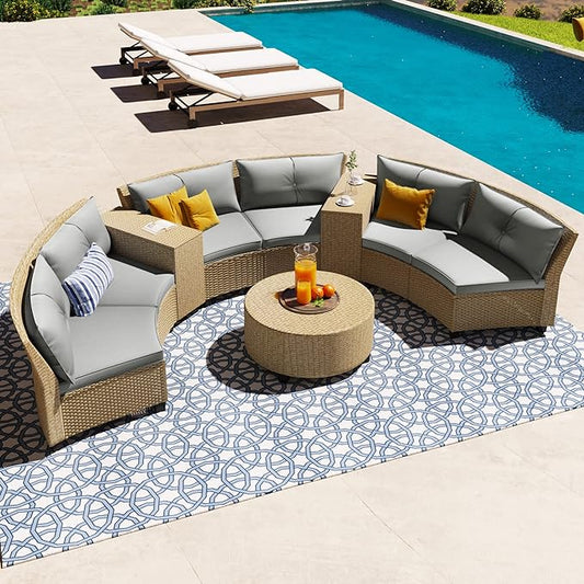 Outdoor 9 Pieces Patio Furniture Half Moon Wicker Sofa Sets, Fan-Shaped Curved Sectional Couch with Coffee Table and Gray Cushions, 1, Brown Rattan - LeafyLoom