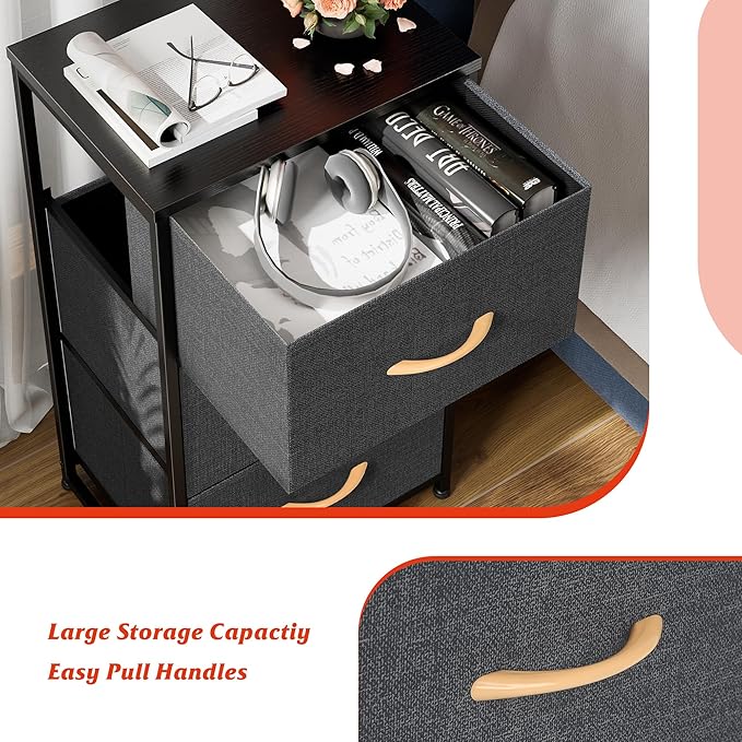 Nicehill Nightstand, Dresser with 3 Drawers, Bedside Table Chest of Drawers, Fabric Dresser for Bedroom, Kids' Room, Living Room, Closet, Small Dresser with Wooden Top Steel Frame, Modern, Dark Grey - LeafyLoom