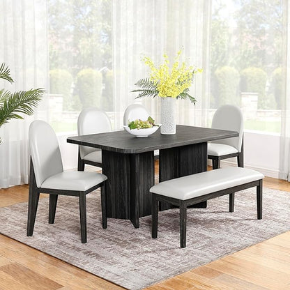 Modern 6-Piece, Including 60-inch Table, 4 Upholstered Chairs and Bench, Solid Wood Dining Set for Kitchen, Living Room, Apartment, Farmhouse, Black+White - LeafyLoom