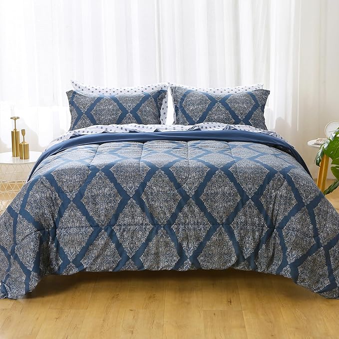 Printed King Bedding Sets with Comforter and Sheets, 7 Piece Bed in A Bag Comforter Set with Fluffy Microfiber, Vintage Navy Blue Plaid Paisley Pattern - LeafyLoom