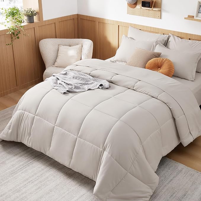 Bedsure Beige Twin XL Comforter Set - 5 Pieces Solid Twin XL Bed in a Bag for College, Twin XL Bed Set Beige with Comforters, Sheets, Pillowcase & Sham, Extra Long Twin Comforter Set - LeafyLoom