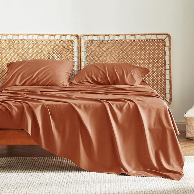 Bedsure Full Size Sheets, Cooling Sheets Full, Rayon Derived from Bamboo, Deep Pocket Up to 16", Breathable & Soft Bed Sheets, Hotel Luxury Silky Bedding Sheets & Pillowcases, Burnt Orange - LeafyLoom