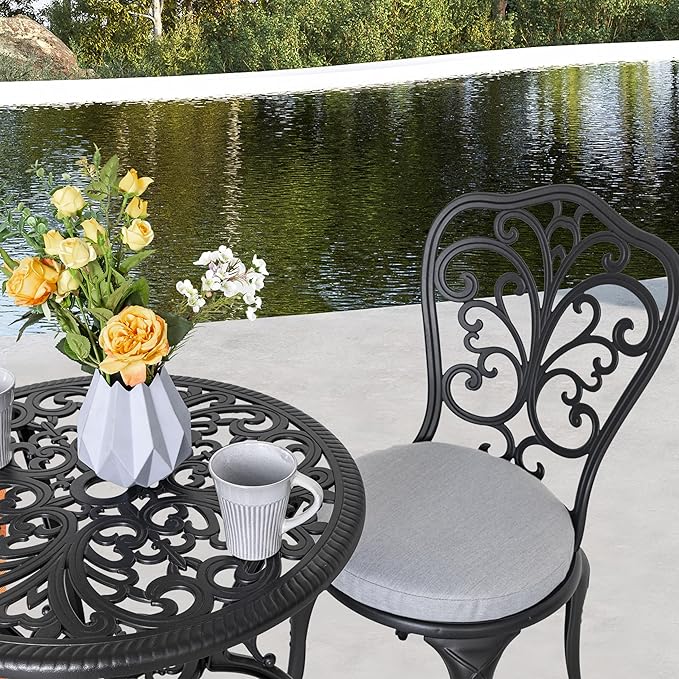 NUU GARDEN Bistro Set 3 Piece Outdoor All Weather Cast Aluminum Patio Bistro Set Patio Table and Chairs Set of 2 with Umbrella Hole and Gray Cushions for Backyard, Balcony, Lawn, Black - LeafyLoom