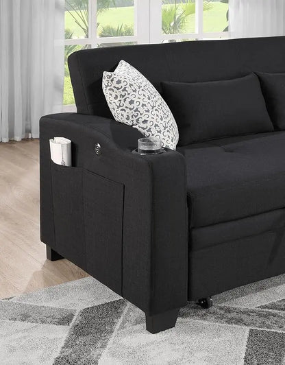 3 in 1 Oversized Convertible Sleeper Loveseat Sofa Pull Out Couch Bed Lounge Chaise with USB Charger and Cupholders for Living Room Office, Black 71" - LeafyLoom