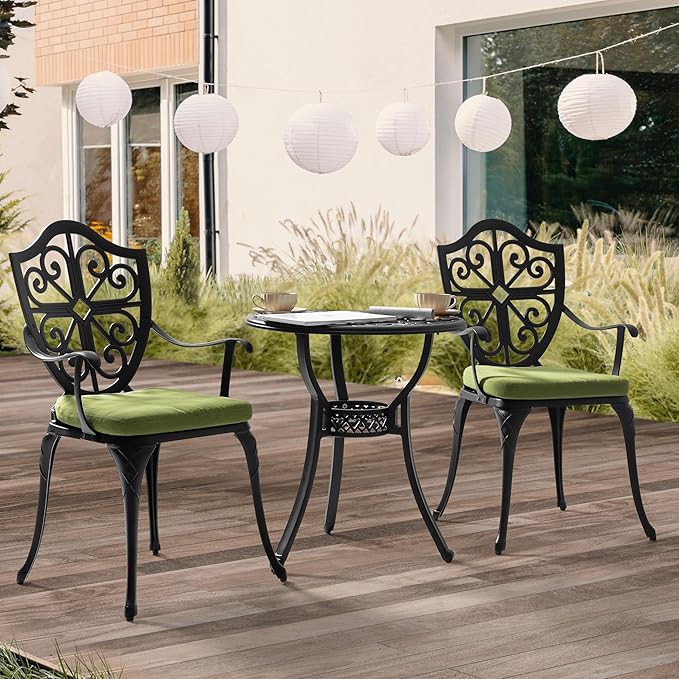 NUU GARDEN 3 Piece Outdoor Bistro Set Cast Aluminum Patio Set Bistro Table Set Rustproof Patio Table and Chairs with Umbrella Hole and Green Cushions for Backyard, Balcony, Porch, Black - LeafyLoom