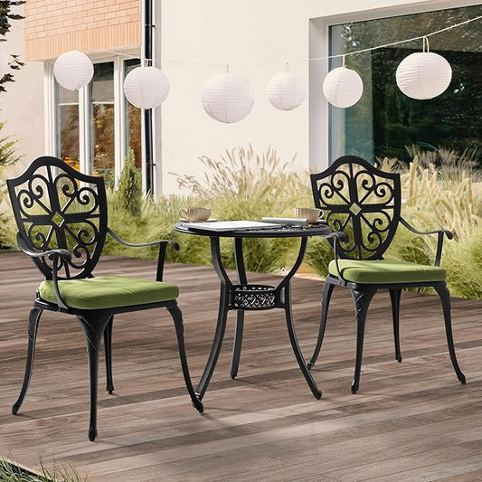 NUU GARDEN 3 Piece Outdoor Bistro Set Cast Aluminum Patio Set Bistro Table Set Rustproof Patio Table and Chairs with Umbrella Hole and Green Cushions for Backyard, Balcony, Porch, Black - LeafyLoom