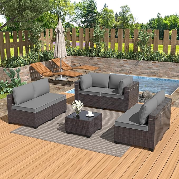 Outdoor Furniture Set 7PCS Patio Furniture for Backyard Wicker Sectional Sofa Set 6 Seats, PE Rattan Outdoor Conversation Set with Thickened Cushions and Glass Coffee Table, Grey - LeafyLoom