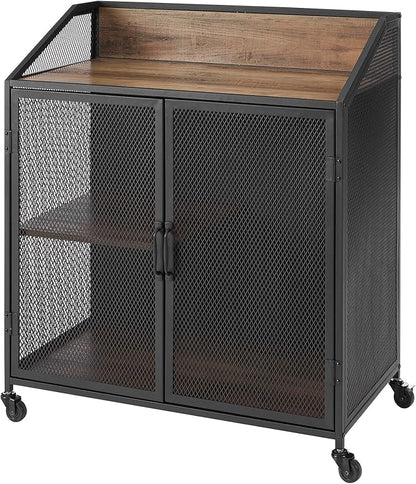 Walker Edison Malcomb Urban Industrial Metal Mesh Double Door Rolling Bar Cabinet, 33 Inch, Rustic Oak - LeafyLoom