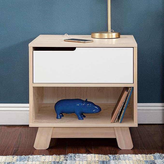 Babyletto Hudson Nightstand with USB Port in Washed Natural and White, 1 Drawer and Storage Cubby - LeafyLoom