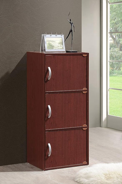 HODEDAH 3 Door Bookcase Cabinet, Mahogany - LeafyLoom