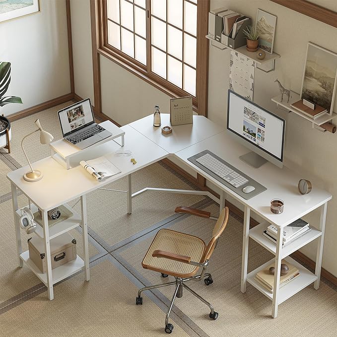 BANTI L Shaped Desk with Shleves, 50.4 inch Large Corner Desk with Two Storage, Space Saving, Easy to Assemble, White - LeafyLoom