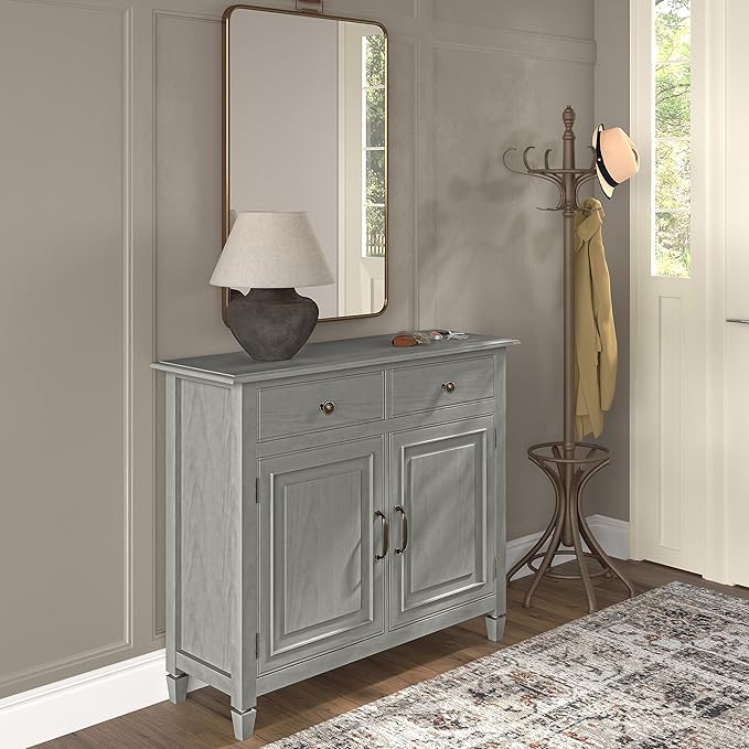 SIMPLIHOME Connaught Solid Wood 40 inch Wide Traditional Entryway Storage Cabinet in Fog Grey for The Living Room, Entryway and Family Room - LeafyLoom