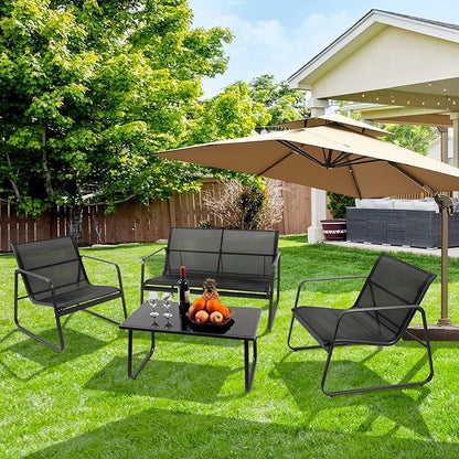 4 Pieces Patio Furniture Set Outdoor Patio Conversation Sets Poolside Lawn Chairs with Glass Coffee Table Porch Furniture for Courtyard, Garden and Balcony (Black) - LeafyLoom