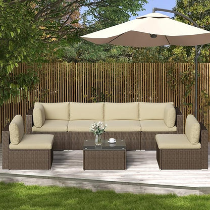 SUNVIVI OUTDOOR 7 Piece Patio Sectional Sofa Outdoor All Weather Brown PE Wicker Furniture Set, Paito Conversation Sofa Set with Glass Table, Removable Beige Cushions - LeafyLoom