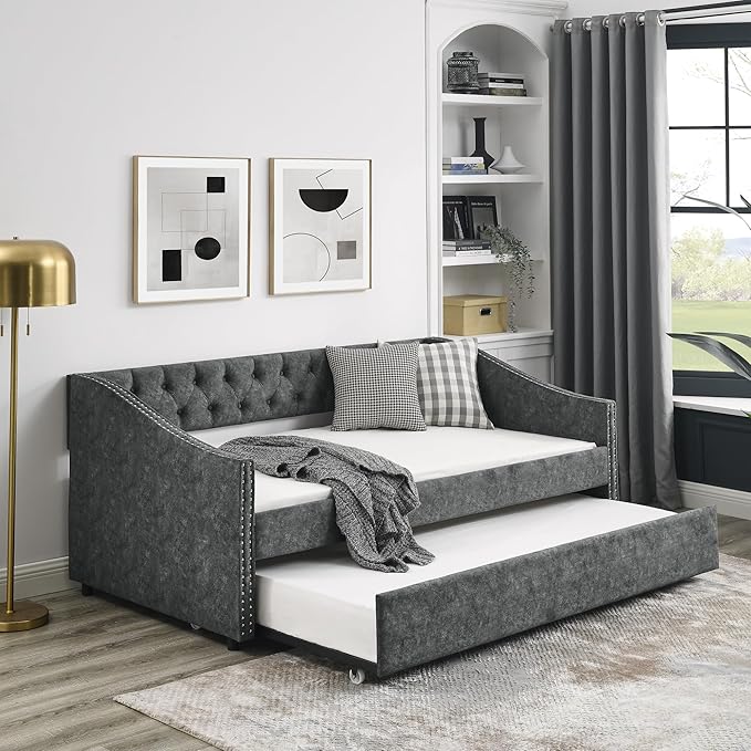 Twin Size Upholstered Daybed with Trundle, Wooden Sofa Bed w/Button Tufted Backrest and Waved Shape Arms, Space-Saving Design, No Box Spring Needed, for Living Room, Bedroom, Dorm, Grey - LeafyLoom