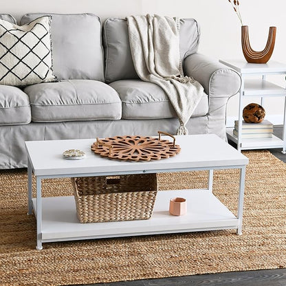 Household Essentials Jamestown Rectangular Coffee Table with Storage Shelf Scandinavian White and White Metal - LeafyLoom