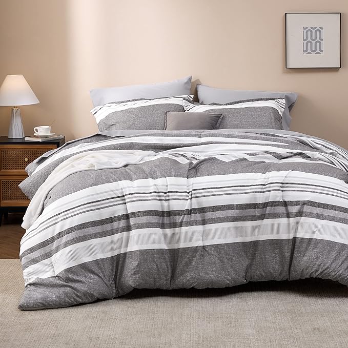 Bedsure Full Comforter Set - 7 Pieces Grey White Striped Bedding Sets Full Bed in A Bag with Comforters Full Size, Sheets, Pillowcases & Shams, Bed Sets - LeafyLoom