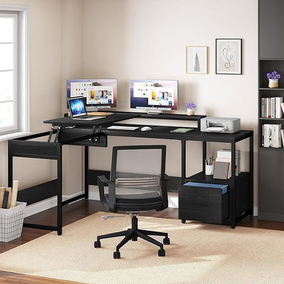 YITAHOME L Shaped Desk with File Drawer, 65" Large Computer Desk Corner Desk with Lift Top, Standing Desk Height Adjustable with Monitor Stand & Storage Shelves for Home Office, Black - LeafyLoom