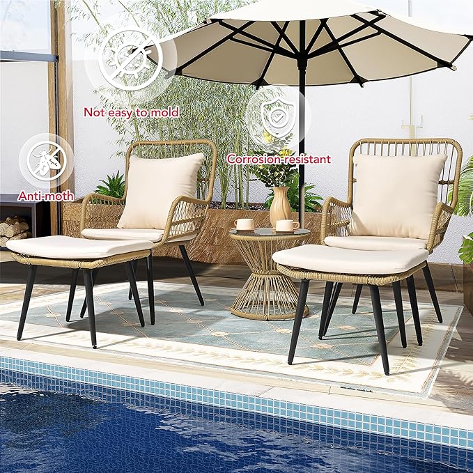 Pamapic Outdoor Patio Bistro Set with Ottoman 5 Piece Rattan Wicker Conversation Chair Sets Balcony Furniture Chairs for Yard Garden Porch Backyard Poolside, Beige - LeafyLoom