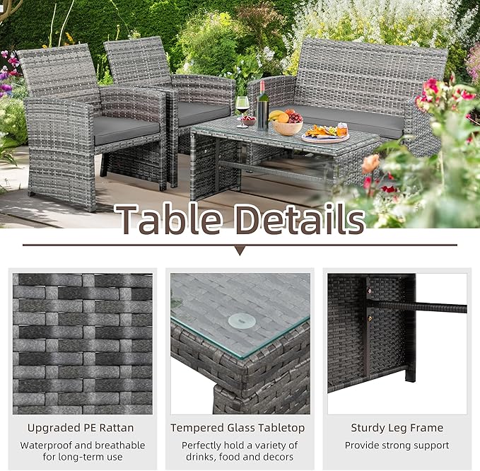 Shintenchi 4-Piece Outdoor Gray Wicker Patio Conversation Furniture Set, Rattan Patio Furniture Set with Weather Resistant Cushions and Tempered Glass Tabletop,Grey - LeafyLoom