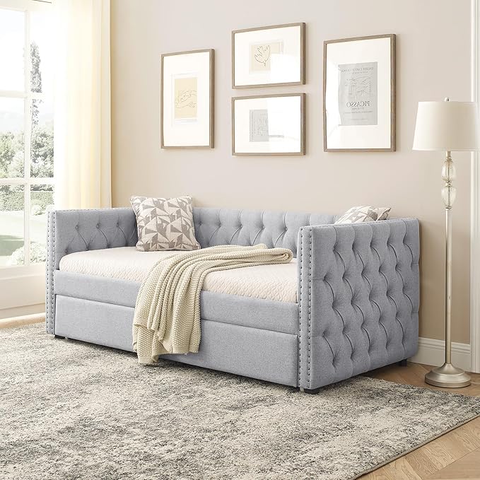 Linen Upholstered Twin Size Daybed with Twin Trundle, Wooden Sofa Bed Frame w/Button Tufted and Copper Nail on Square Arms, for Bedroom, Guest Room, No Spring Box Need, Grey - LeafyLoom