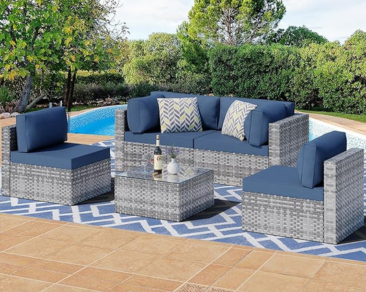 Shintenchi 5 Pieces Outdoor Patio Sectional Sofa Couch, Silver Gray PE Wicker Furniture Conversation Sets with Washable Cushions & Glass Coffee Table for Garden, Poolside, Backyard (Aegean Blue) - LeafyLoom