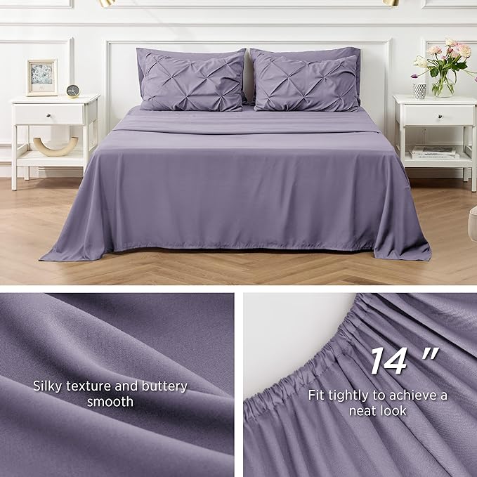 Bedsure Twin Comforter Set with Sheets - 5 Pieces Twin Bedding Sets, Pinch Pleat Grayish Purple Twin Bed in a Bag with Comforter, Sheets, Pillowcase & Sham - LeafyLoom