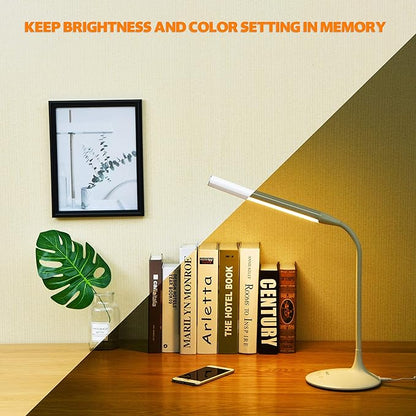 DAC LED Desk Lamp, Eye Care Table Lamp, 360 Degree Flexible Gooseneck, Continuously Dimmable, 3 Color Modes, Touch-Sensitive Control Panel, 40-Minute Auto Shut-Off Timer, White, 6W - LeafyLoom