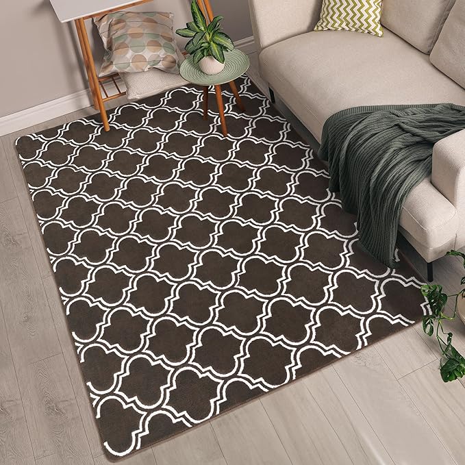 Chicrug Shag Geometric 7x10 Area Rug for Living Room, Large Modern Memory Foam Indoor Carpet, Fluffy Rug for Bedroom Bedside Room Decor for Family Girls Kids Nursery, Brown/White - LeafyLoom