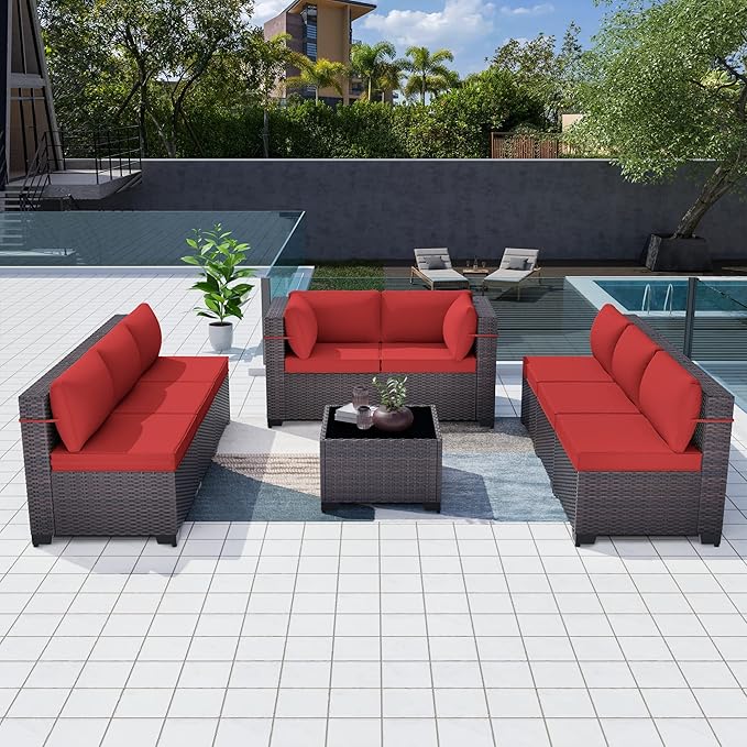 Patio Furniture Set 9-Pieces Outdoor Furniture for Backyard Wicker Sectional Sofa Set, Rattan Patio Conversation Set with Thickened Cushions and Glass Coffee Table, Red - LeafyLoom