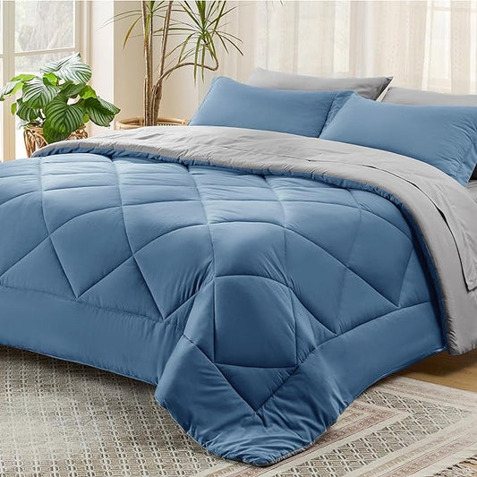 Bedsure Blue California King Comforter Set - 7 Pieces Reversible Bed Set Bed in a Bag California King with Comforters, Sheets, Pillowcases & Shams, California King Bedding Sets - LeafyLoom