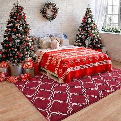 Chicrug Shag Geometric Modern Area Rug for Living Room, 3x5 Feet Large Memory Foam Indoor Carpet, Fluffy Rug for Bedroom Bedside Room Decor for Family Girls Kids Nursery, Wine Red/White - LeafyLoom