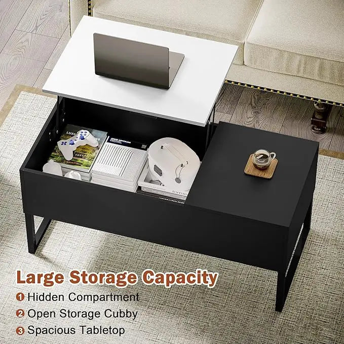 Black Coffee Table with White Lift Top - Modern Industrial Coffee Table with Lifting Top and Hide Compartment Storage - 40 Inch Rectangle Lift Coffee Tables for Living Room - LeafyLoom