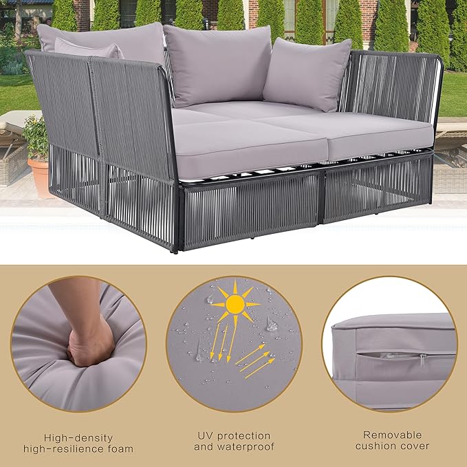 2-Piece Sunbed and Coffee Table, Patio Double Chaise Lounger Loveseat Daybed Outdoor Furniture Set for Backyard Poolside Lawn Balcony, Full, Ac-Grey - LeafyLoom