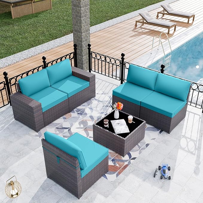 Patio Furniture Set Sofa 6-Piece Wicker PE Rattan Sectional Sofa Set, Outdoor Furniture Patio Conversation Sofa Set with Glass Coffee Table, Blue - LeafyLoom