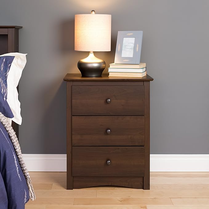 Prepac Sonoma Traditional Tall Nightstand Side Table with 3 Drawers, Functional Tall 3-Drawer Bedside Table 16" D x 23" W x 29" H, Espresso, EDC-2403 - LeafyLoom