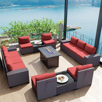 Kullavik 13 Pieces Outdoor Patio Furniture Set with 43" 55000BTU Gas Propane Fire Pit Table PE Wicker Rattan Sectional Sofa Patio Conversation Sets,Red - LeafyLoom