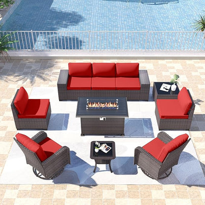 Kullavik 10PCS Outdoor Patio Furniture Set,PE Wicker Rattan Sectional Sofa Patio Conversation Sets with 43" 55000BTU Gas Propane Fire Pit Table,Swivel Rocking Chairs Set,Red - LeafyLoom