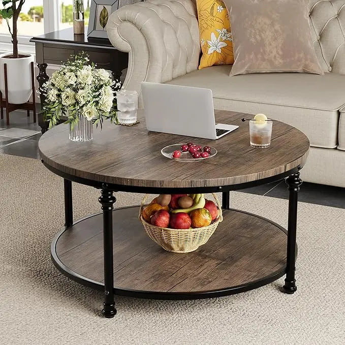 GAOMON Round Coffee Table Living Room 34.25in Rustic Circle Center Table with Storage Shelf 2-Tier Modern Wood Coffee Table Metal Frame, Easy Assembly(Light Walnut) - LeafyLoom