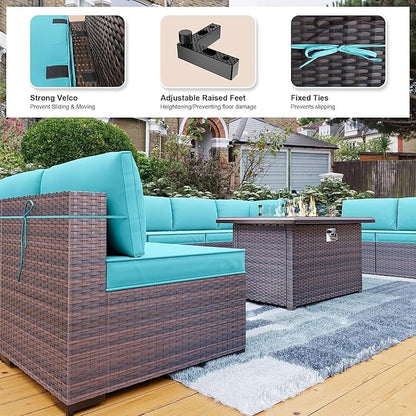 Kullavik 13PCS Outdoor Patio Furniture Set with 43" 55000BTU Gas Propane Fire Pit Table PE Wicker Rattan Sectional Sofa Patio Conversation Sets,Blue - LeafyLoom