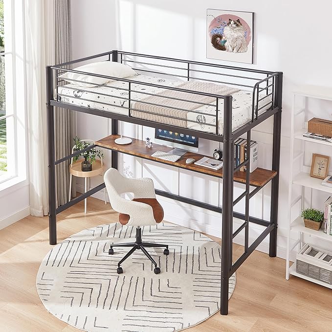 VECELO Metal Loft Bed Twin Size with Desk, Heavy Duty Bedframe with Removable Ladder and Safety Guardrail, Space-Saving, Noise Free, No Box Spring Needed, Black - LeafyLoom